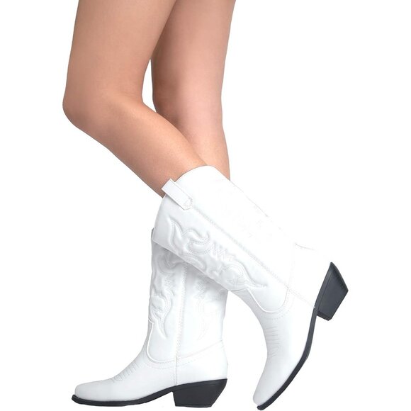 Women Polyurethane White Mid Calf Low Heel Pointed Toe Cowgirl Western Boot - Picture 8 of 9